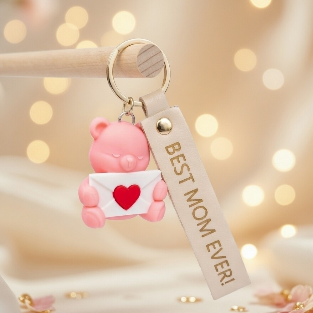 Best Mom Ever Keychain! Leather Engraved Keytag And 3D Love Bear!